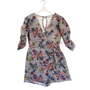 Almost Famous Romper Large Floral Plaid Front Tie Faux Wrap 3/4 Ruched SleeveNEW
